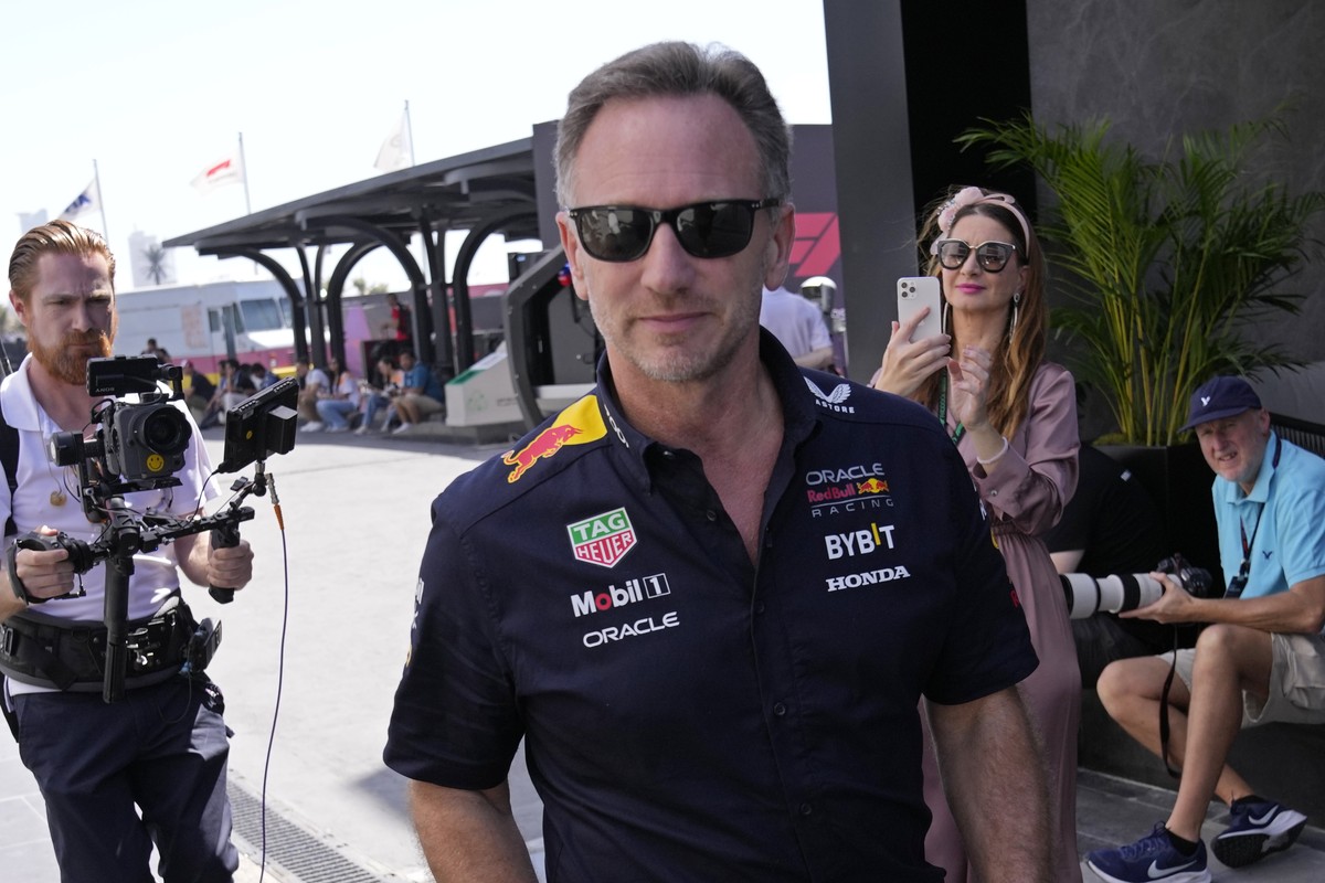 Red Bull team principal Christian Horner arrives at the circuit for the first practice session ahead of the Formula One Saudi Arabian Grand Prix at the Jeddah Corniche Circuit in Jeddah, Saudi Arabia, ...