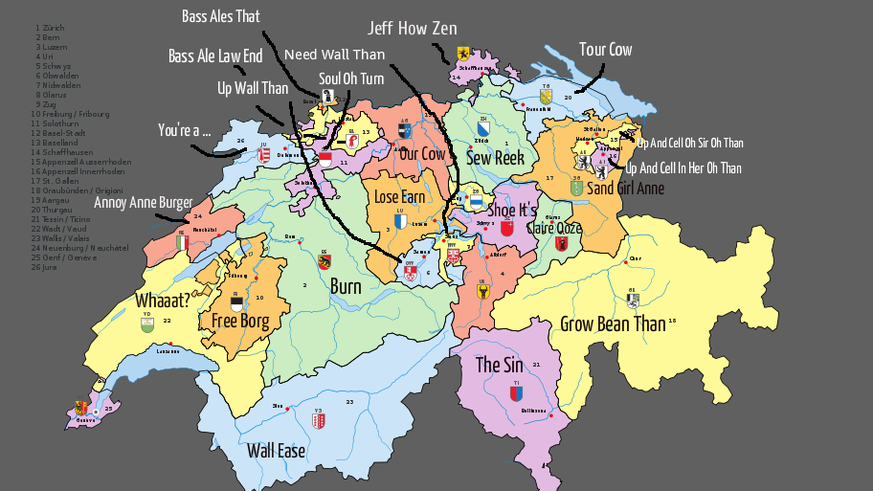 Die Phonetik-Karte der CH-Kantone für Amis und Briten