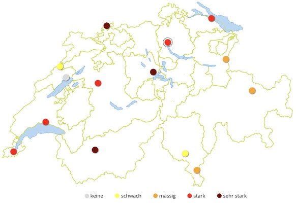 Die Pollenbelastung (Gräser) in der Schweiz am Dienstag.