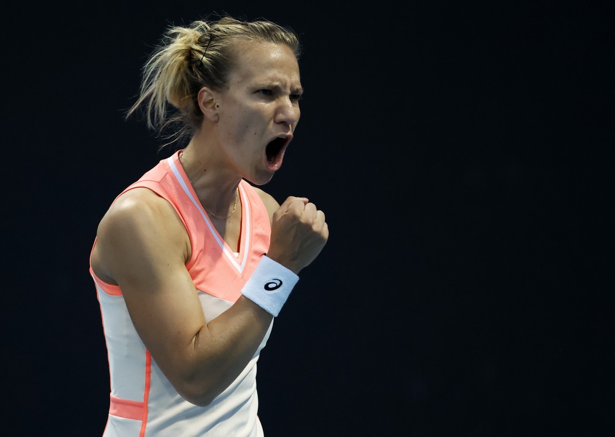 epa11086773 Viktorija Golubic of Switzerland reacts during her Women's second round match against Katerina Siniakova of the Czech Republic at the Australian Open tennis tournament in Melbourne, A ...