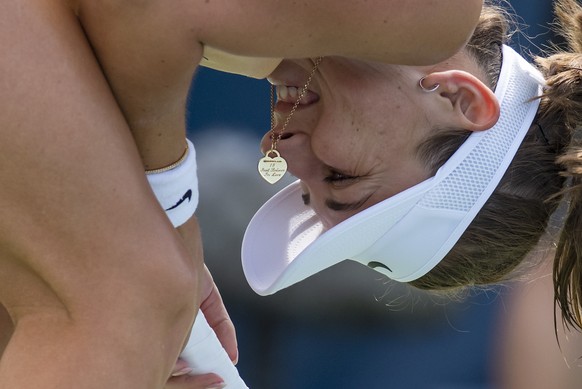 epaselect epa07763003 Belinda Bencic of Switzerland shows her frustration after she lost a point against Elina Svitolina of Ukraine during her round of 16 match of the Rogers Cup women&#039;s tennis t ...