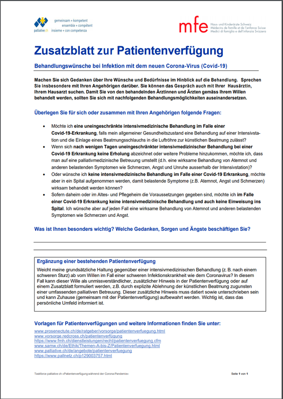 So sieht das Zusatzplatt zur Patientenverfügung für den Fall einer Covid-19-Erkrankung aus. Corona, Covid-19, Corona Schweiz, Medizin, Vorsorge