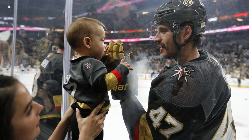 Vegas Golden Knights defenseman Luca Sbisa greets a young fan before Game 4 of the team&#039;s NHL hockey Western Conference finals against the Winnipeg Jets, Friday, May 18, 2018, in Las Vegas. (AP P ...