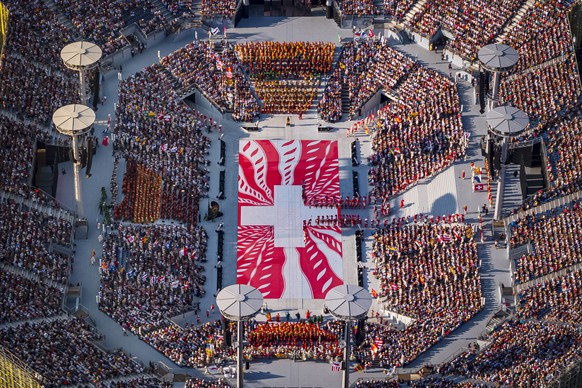 An aerial view shows the full arena of the &quot;Fete des Vignerons&quot; (winegrowers&#039; festival in French), with a capacity of 20&#039;000 spectators and hosting a giant central LED floor of app ...