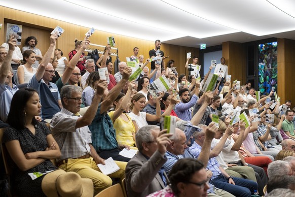 Mitglieder stimmen an der Versammlung der Gruenliberalen Partei Kanton Zuerich ab, aufgenommen am Dienstag, 25. Juni 2019 in Zuerich. (KEYSTONE/Ennio Leanza)
