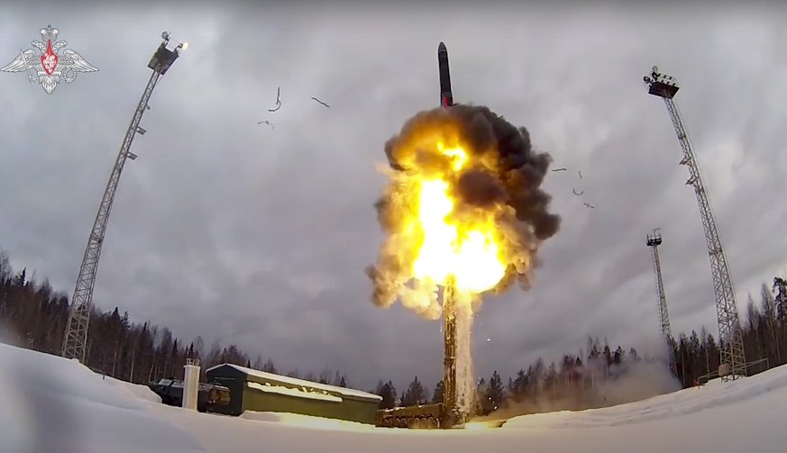 FILE - This Feb. 19, 2022 photo taken from a video provided by the press service of the Russian Defense Ministry shows a Yars intercontinental ballistic missile being launched from the airspace during the milli ...