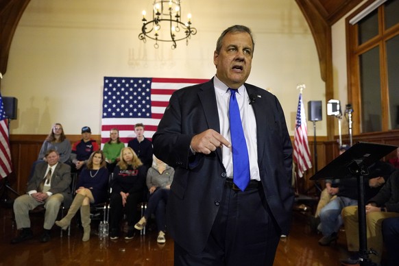 Republican presidential candidate former New Jersey Gov. Chris Christie announces he is dropping out of the race during a town hall campaign event Wednesday, Jan. 10, 2024, in Windham, N.H. (AP Photo/ ...