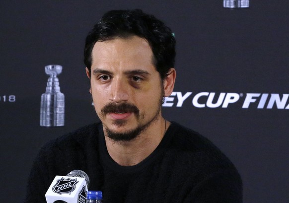 Vegas Golden Knights defenseman Luca Sbisa, of Italy, speaks to the media, Sunday, June 3, 2018, at Kettler Capitals Iceplex in Arlington, Va. The Golden Knights will play the Washington Capitals in G ...