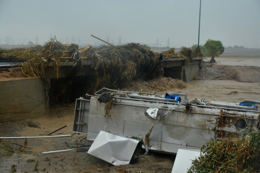 epa10844165 Damages at Nea Lefki village during the storm named Daniel, near Larissa, Thessaly, central Greece, 06 September 2023. Two people died as Storm Daniel swept across Greece. The Athens-Thess ...