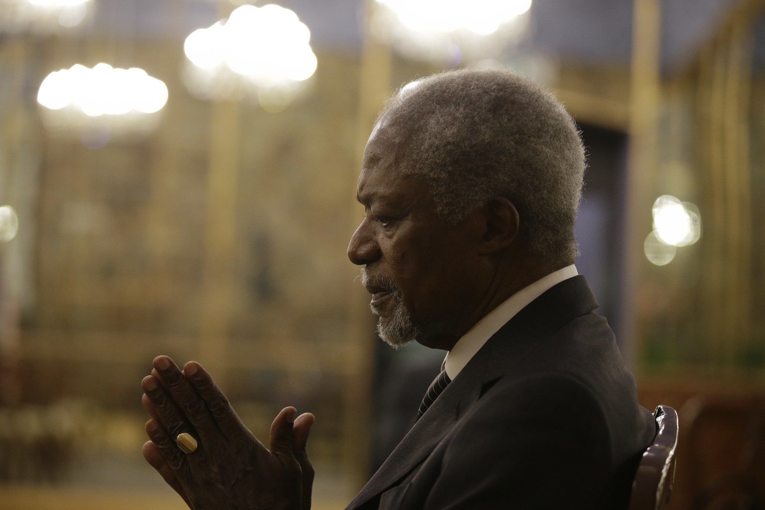 Former U.N. Secretary General Kofi Annan is interviewed by the Associated Press at the Palazzo Reale, in Milan, Italy, Saturday, Nov. 4, 2017. Annan and Mozambican humanitarian and widow of Nelson Man ...