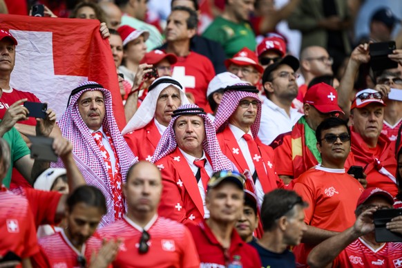 Swiss fans celebrate during the FIFA World Cup Qatar 2022 group G soccer match between Switzerland and Cameroon at the Al-Janoub Stadium in Al-Wakrah, south of Doha, Qatar, Thursday, November 24, 2022 ...