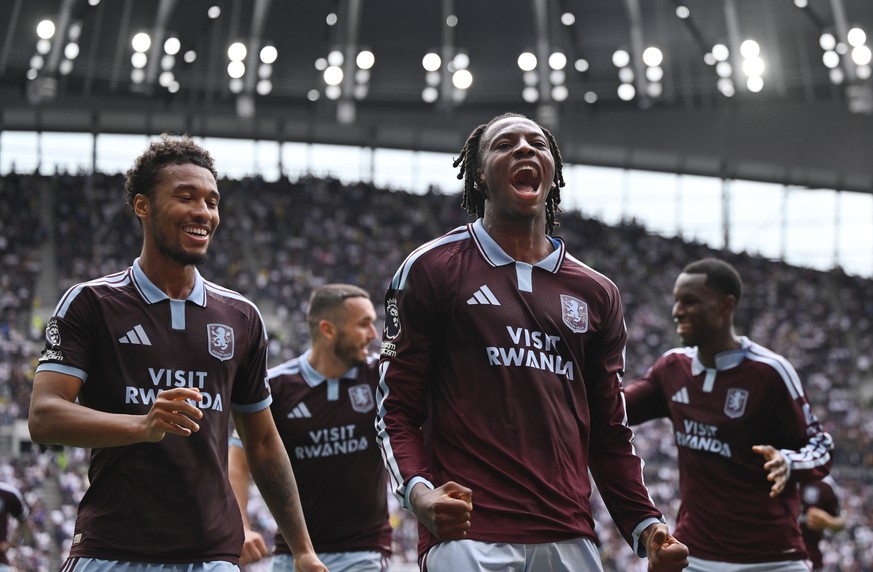 epaselect epa13249813 Aston Villa's Johan Manzambi celebrates scoring their first goal during the English Premier League match between Tottenham Hotspur and Aston Villa, London, Britain, 19 Septe ...