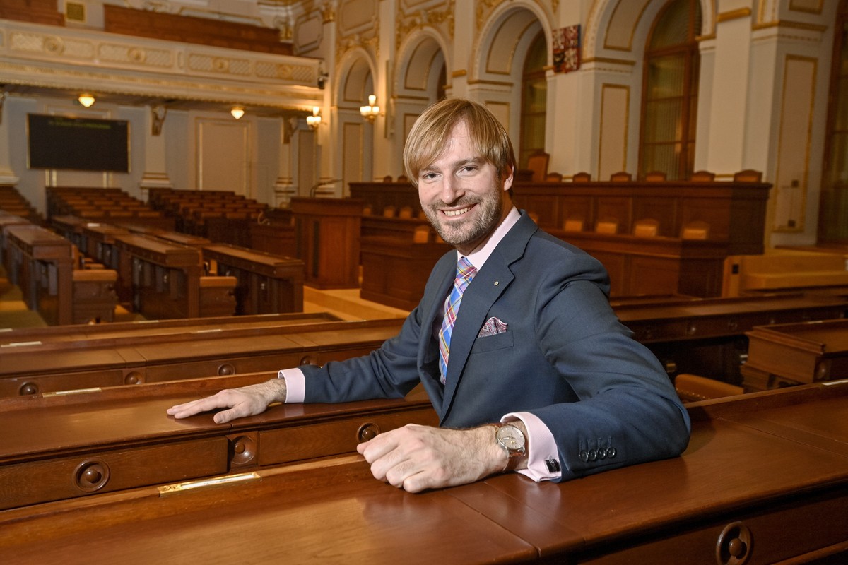 Member of Czech Parliament Adam Vojtech poses in Parliament building in Prague, Czech Republic, Friday, Feb. 5, 2021. Czech Health Minister Petr Arenberger will resign and he will be replaced with for ...