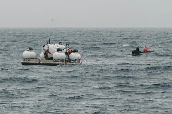 In this photograph released by Action Aviation, the submersible Titan is to dive into the Atlantic Ocean on an expedition to the Titanic on Sunday, June 18, 2023. Rescuers in a remote area of the Atla ...