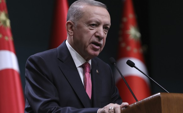 Turkey&#039;s President Recep Tayyip Erdogan speaks after he signed a decision confirming the election date, in Ankara, Turkey, Friday, March 10, 2023. Erdogan, who is seeking to extend his two decade ...