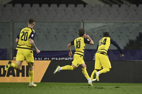 Parma&#039;s Adrian Bernabe celebrates after scoring the first goal of the game during the Italian Cup soccer match between Fiorentina and Parma at Artemio Franchi Stadium in Florence, Italy, Wednesda ...