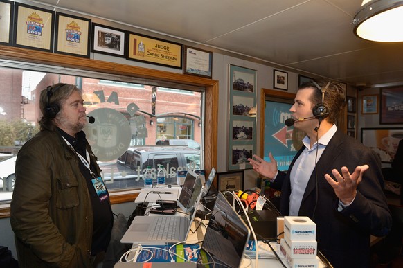 MANCHESTER, NH - FEBRUARY 08: Breitbart News Daily Stephen K. Bannon interviews Donald Trump, Jr. for SiriusXM Broadcasts' New Hampshire Primary Coverage Live From Iconic Red Arrow Diner on February 8 ...