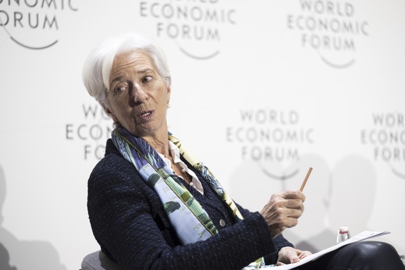 Christine Lagarde, President, European Central Bank, speaks during the 53rd annual meeting of the World Economic Forum, WEF, in Davos, Switzerland, Thursday, Jan. 19, 2023. (Laurent Gillieron/Keystone ...