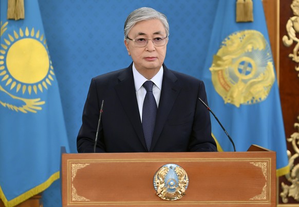 FILE - In this image taken from video released by Kazakhstan&#039;s Presidential Press Service, President Kassym-Jomart Tokayev speaks during his televised address to the nation in Nur-Sultan, Kazakhs ...