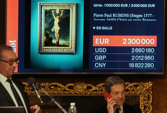 An electronic board show the bid after long-lost painting &quot;Crucifixion of Jesus Christ&quot; by Baroque master Peter Paul Rubens was sold at auction for 2.3 million euros or $2,66 million in Vers ...