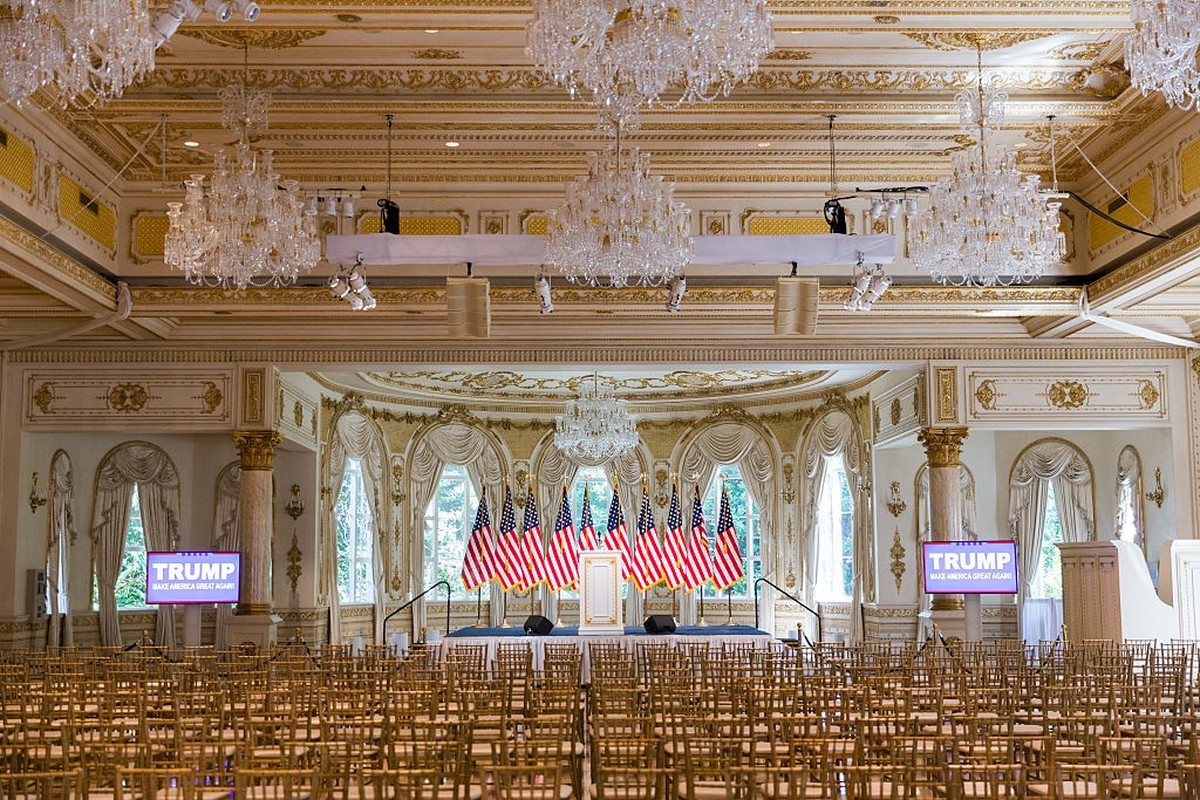 PALM BEACH, FL - MARCH 13: The Donald J. Trump Ballroom at the Mar-A-Lago Club' in Palm Beach where Republican Presidential candidate Donald Trump spoke after the Florida primary, March 13, 2016  ...