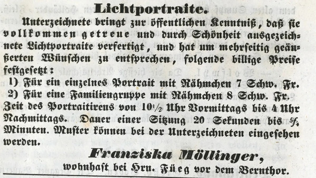 Inserat von Franziska Möllinger im Solothurner Blatt vom 8. April 1843.
