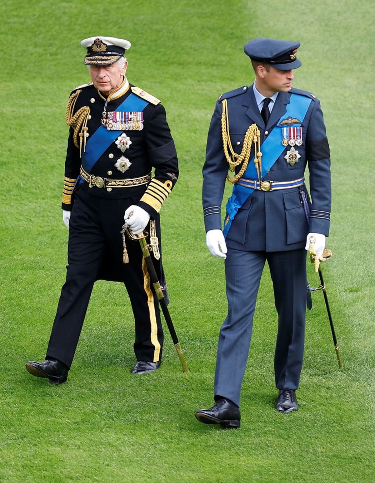 WINDSOR, ENGLAND - SEPTEMBER 19: Prince William, Prince of Wales and King Charles III at Windsor Castle during the Committal Service for Queen Elizabeth II held at St George's Chapel on September ...