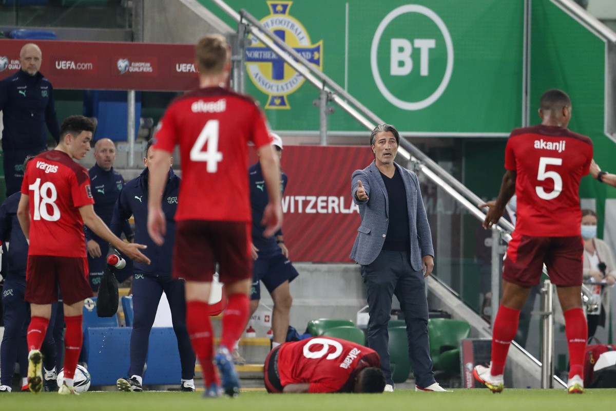 Switzerland's head coach Murat Yakin gestures during the World Cup 2022 group C qualifying soccer match between Northern Ireland and Switzerland at the Windsor Park stadium in Belfast, Northern I ...