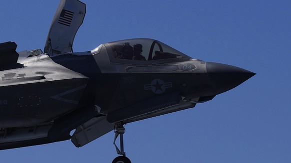 F-35 aircraft prepared for landing on the U.K.&#039;s aircraft carrier HMS Queen Elizabeth in the Mediterranean Sea on Sunday, June 20, 2021. The British Royal Navy commanders say the U.K.&#039;s newe ...