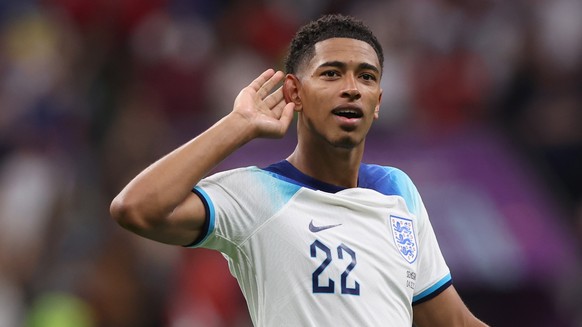 epa10348833 Jude Bellingham of England reacts after the FIFA World Cup 2022 round of 16 soccer match between England and Senegal at Al Bayt Stadium in Al Khor, Qatar, 04 December 2022. EPA/Tolga Bozog ...