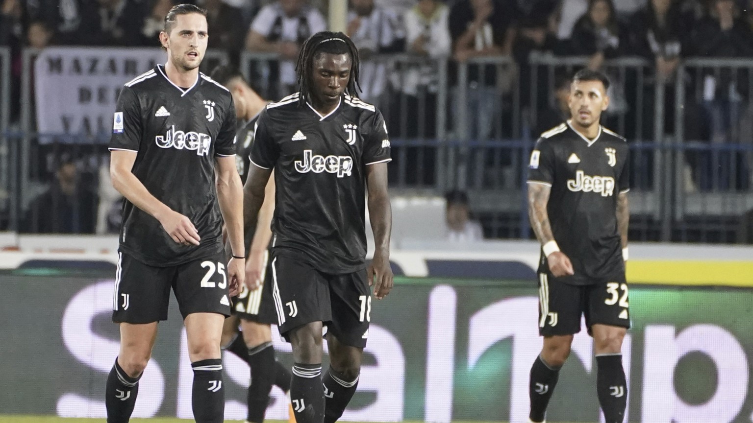 Juventus&#039; players, Adrien Rabiot, from left, Moise Kean, and Leandro Paredes, are disappointed after Empoli&#039;s goal of 4-1, during the Italian Serie A soccer match between Empoli and Juventus ...