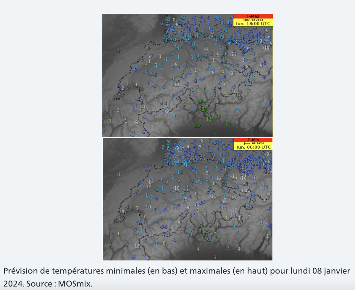 Les températures prévues en Suisse pour le lundi 8 janvier 2024.