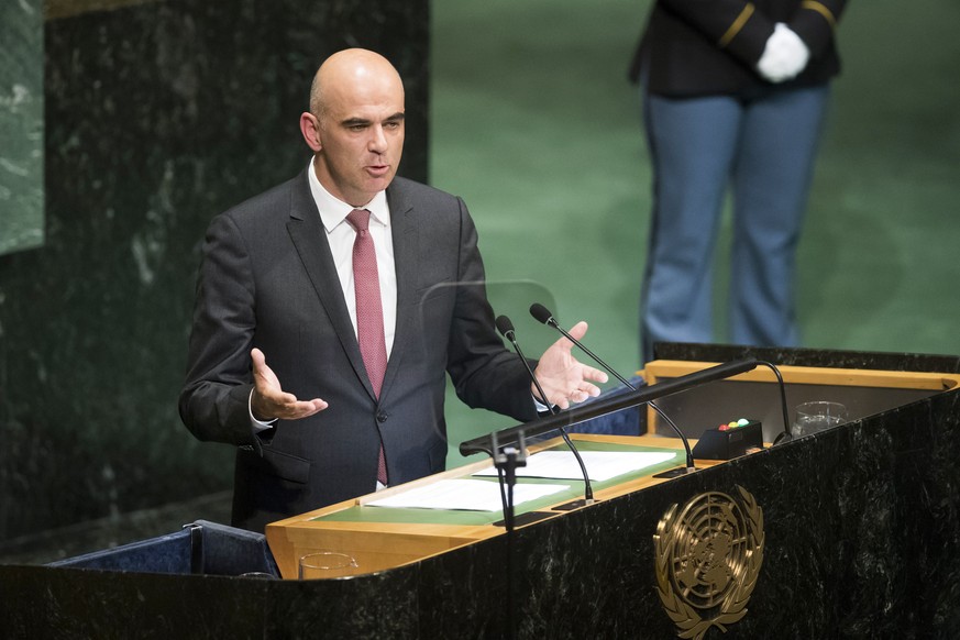 Swiss Federal President Alain Berset speaks at the 73rd session of the General Assembly of the United Nations at United Nations Headquarters in New York, New York, USA, September 25, 2018. (KEYSTONE/P ...