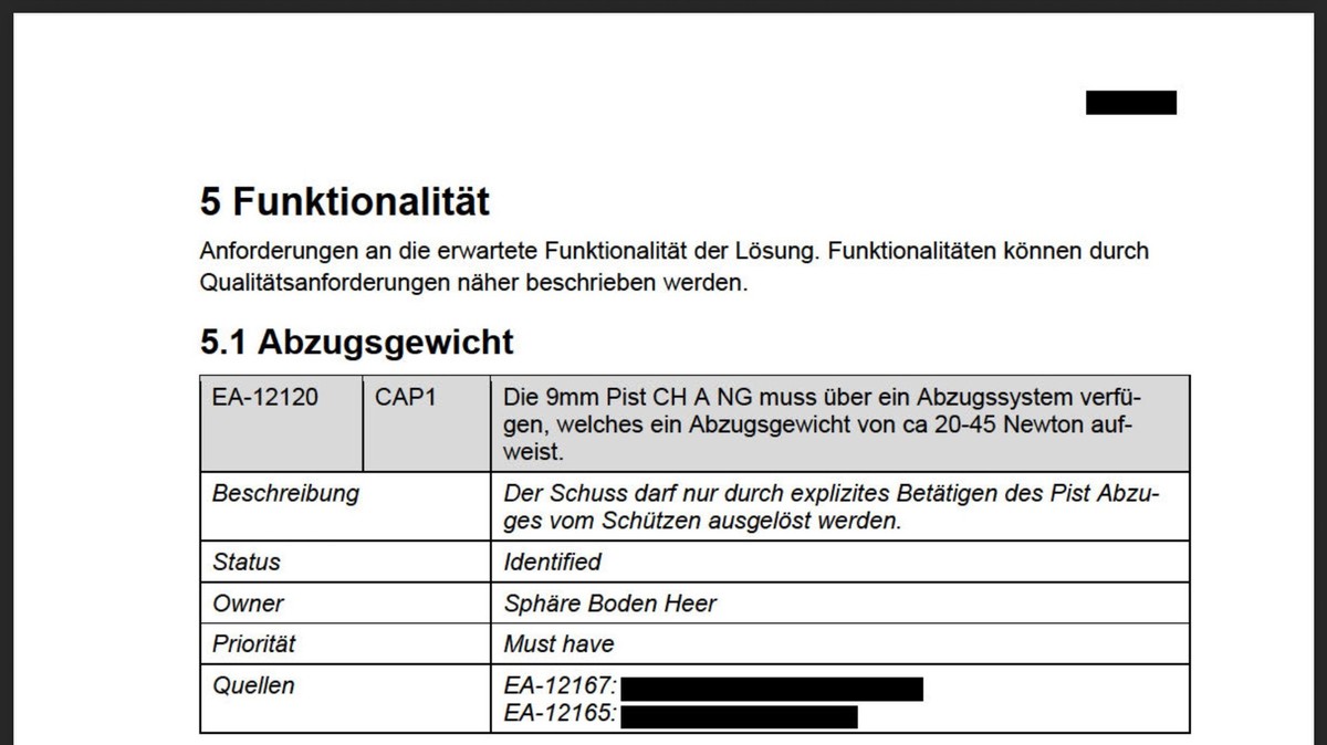 Screenshot aus einem Armee-internen Dokument zur Beschaffung der neuen Armeepistole.