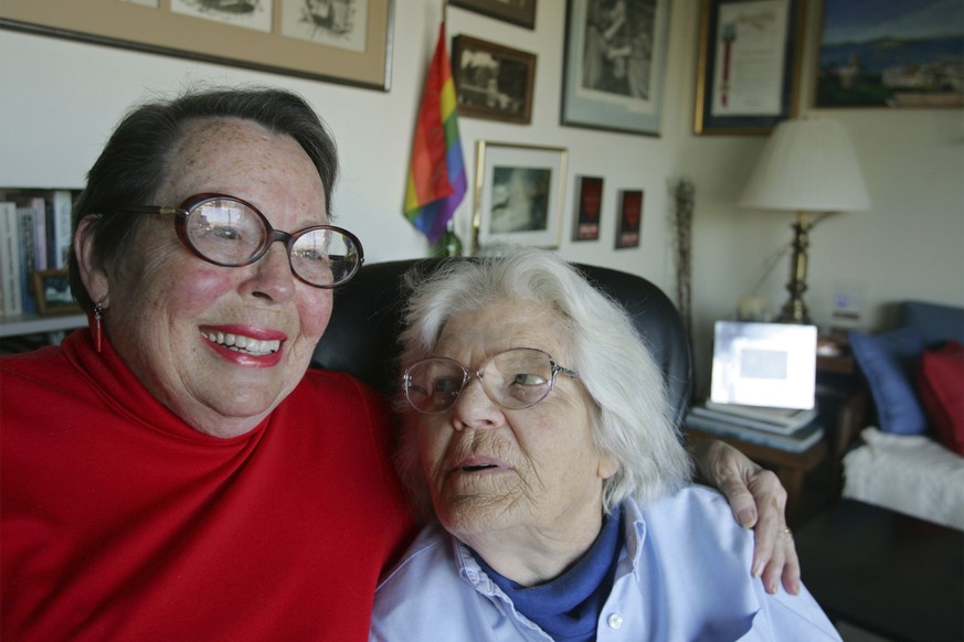 FILE - In this Dec. 17, 2004, file photo, Phyllis Lyon, left, and her partner Del Martin, right, sit for a photograph at their home in San Francisco. Pioneering gay rights activist Lyon, who was among ...