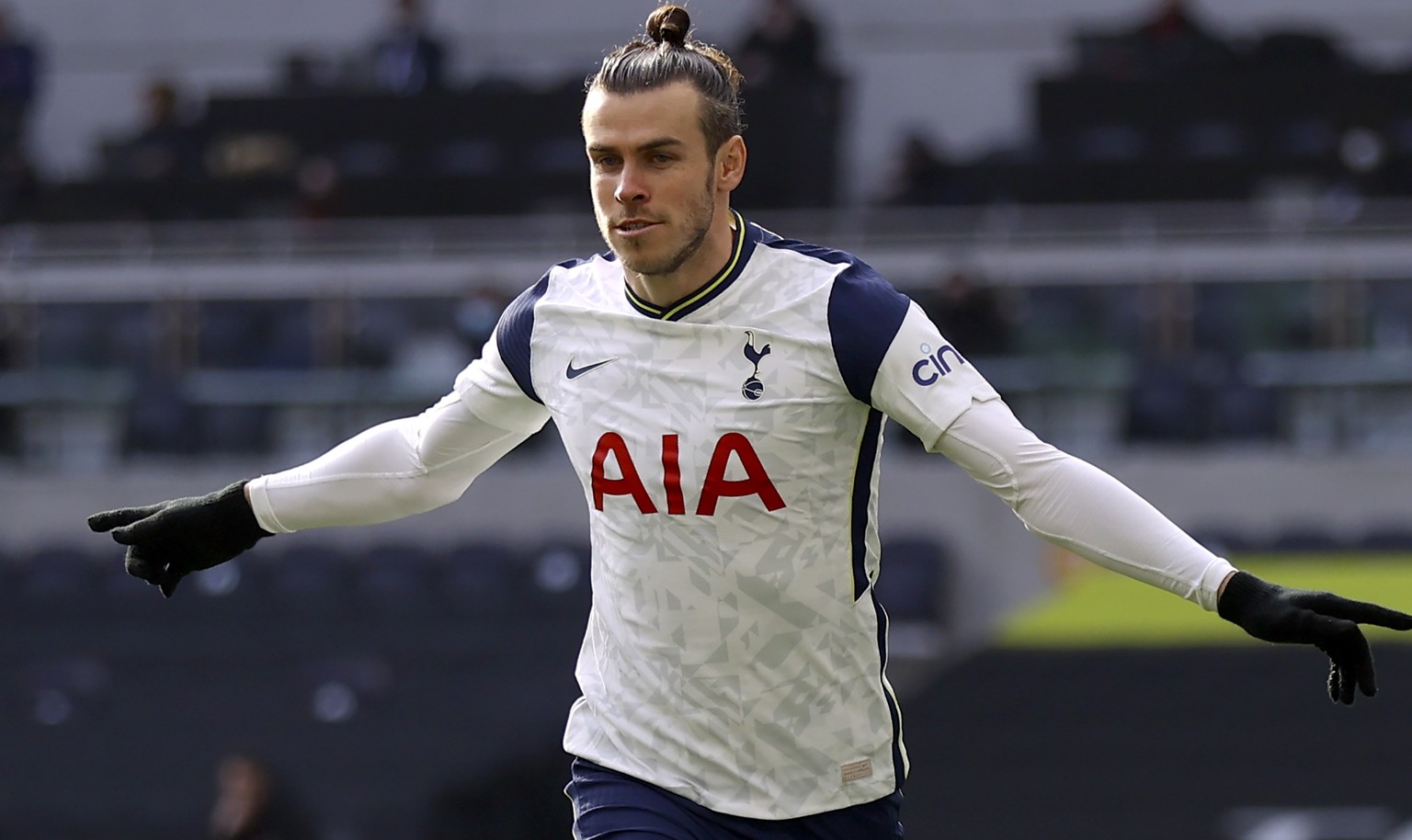 epa09042546 Gareth Bale of Tottenham celebrates after scoring the 1-0 lead during the English Premier League soccer match between Tottenham Hotspur and Burnley FC in London, Britain, 28 February 2021. ...