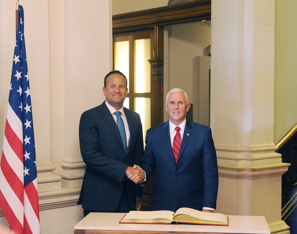 epa07814471 Irish An Taoiseach (Prime Minister) Leo Varadkar (L) with US Vice President Mike Pence (2-R) in Dublin Ireland, 03 September 2019. Mike Pence is on an official visit to Ireland stretching  ...