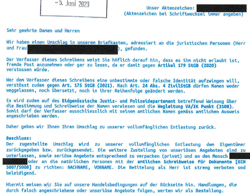 Reichsbürger / Staatsverweigerer Schreiben an die kantonalen Steuerbehörden