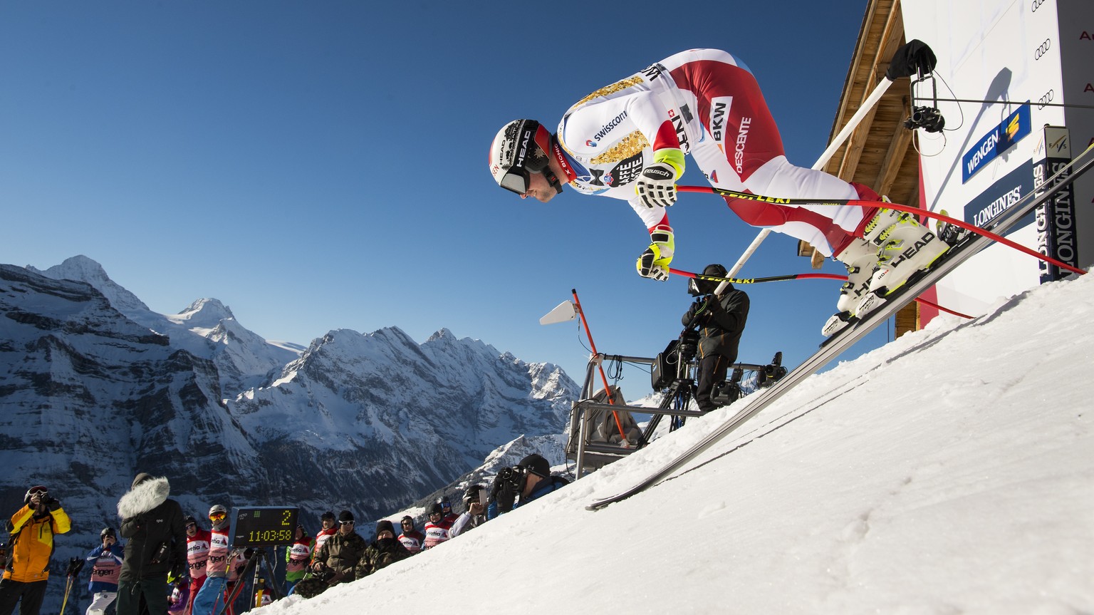 Beat Feuz of Switzerland in action at the start during a training session of the men&#039;s downhill race of the FIS Alpine Ski World Cup at the Lauberhorn, in Wengen, Switzerland, Wednesday, January  ...