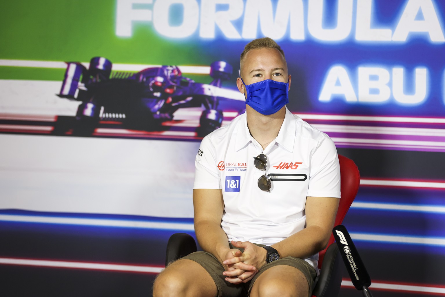 epa09631512 Russian Formula One driver Nikita Mazepin of Haas F1 Team attends a press conference ahead of the Abu Dhabi Formula One Grand Prix 2021 at Yas Marina Circuit in Abu Dhabi, United Arab Emir ...