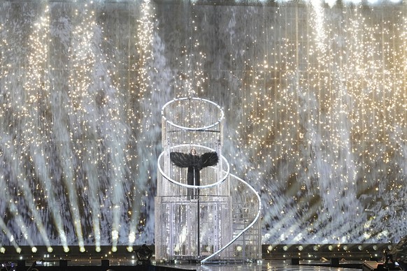 Yuval Raphael from Israel performs the song &quot;New Day Will Rise&quot; during the dress rehearsal for the second semi-final of the 69th Eurovision Song Contest, in Basel, Switzerland, Wednesday, Ma ...