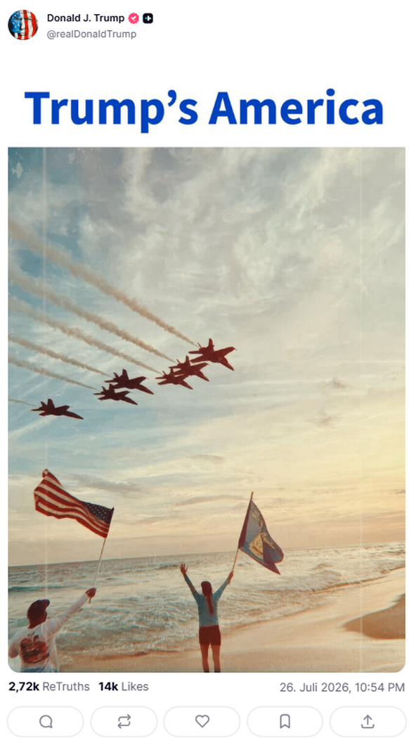 Trump Truthsocial Post: Kampfjets, Strand, Flagge