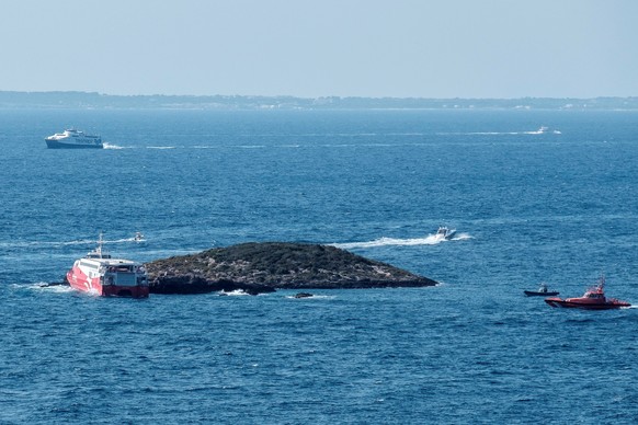 epa09435002 View of the islet in Ibiza, (Balearic Islands) Spain, 29 August, where a ferry operated by the FRS company crashed against it the previous day. The crash caused at least 15 people to be in ...