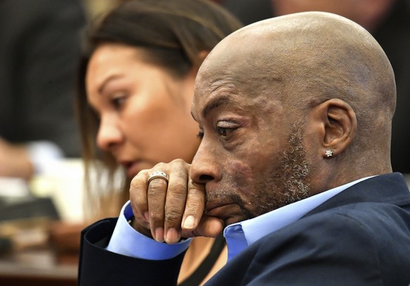 In this July 9, 2018, file photo, Plaintiff Dewayne Johnson, right, reacts while attorney Brent Wisner, not seen, speaks about his condition during the Monsanto trial in San Francisco. Monsanto is bei ...