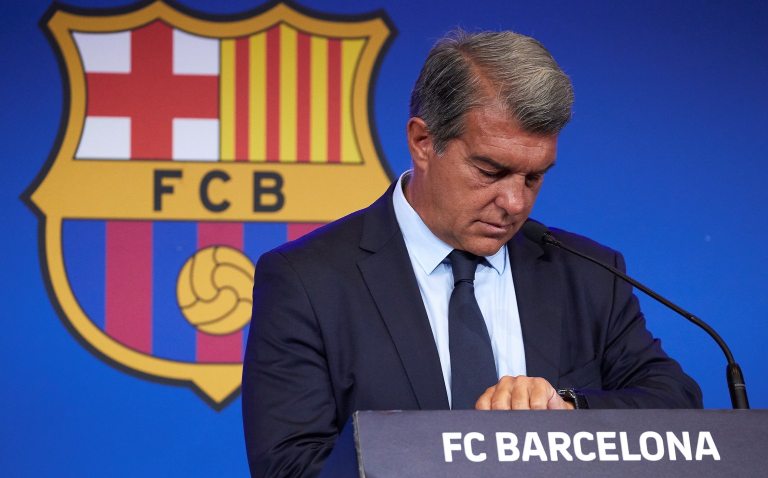 epa09416295 FC Barcelona&#039;s President Joan Laporta addresses a press conference at Camp Nou Stadium in Barcelona, Spain, 16 August 2021. Laporta explained the results of the due diligence he order ...