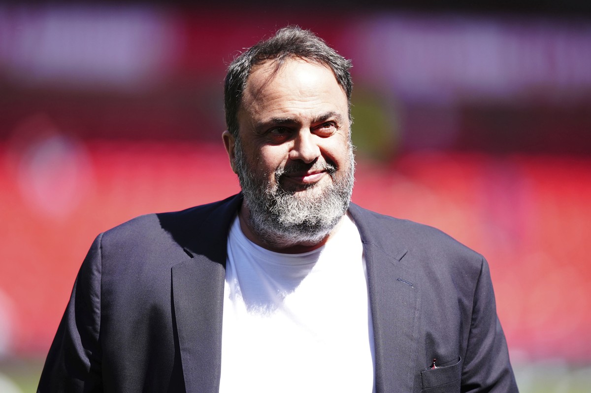 Nottingham Forest owner Evangelos Marinakis walks before a Premier League soccer match against Leicester at the City Ground in Nottingham, England, Sunday May 11, 2025. (Mike Egerton/PA via AP)
Britai ...