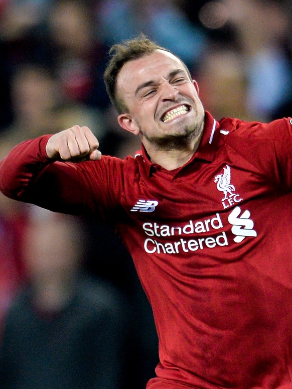 epa07554684 Liverpool's Xherdan Shaqiri reacts after winning the UEFA Champions League semi final second leg soccer match between Liverpool FC and FC Barcelona in Liverpool, Britain, 07 May 2019. ...