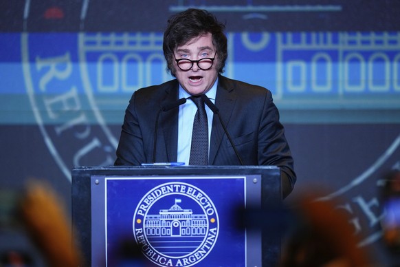 Presidential candidate of the Liberty Advances coalition Javier Milei speaks after his victory over Sergio Massa, Economy Minister and candidate of the ruling Peronist, party in a presidential runoff  ...