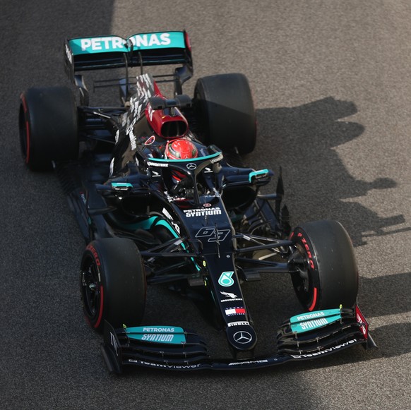 epa09641203 British Formula One driver George Russell of Mercedes-AMG Petronas in action during the Formula One Post-season test session at Yas Marina Circuit in Abu Dhabi, United Arab Emirates, 14 De ...