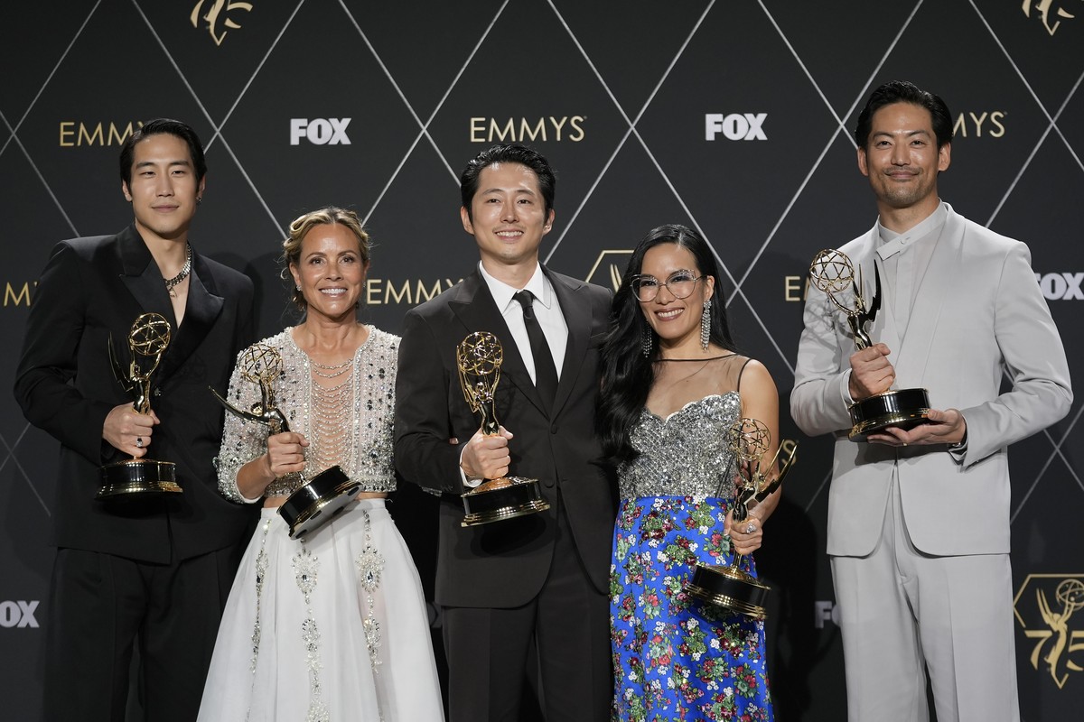 Young Mazino, from left, Maria Bello, Steven Yeun, Ali Wong, and Joseph Lee, winners of the award for outstanding limited or anthology series for "Beef," pose in the press room during the 75 ...